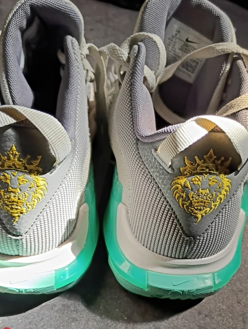 Youth Athletic Sneakers in Gray and Teal with Gold Crest Accent